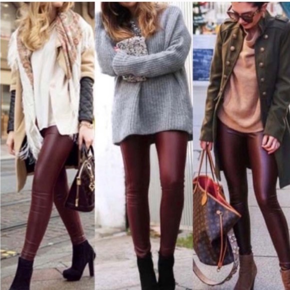 Pants - Faux Vegan Leather High Waist Tummy Control Leggings Burgundy Wine